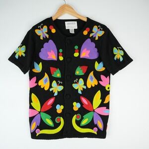 Vtg‎ Sideffects Button Up Blouse Funky Loud Butterfly's Flowers 80s Ramie Blend
